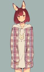  animal_ears blush bob_cut brown_hair calm_mashiro casual cowboy_shot female grey_background hound_(sekaiju) hound_2_(sekaiju) long_sleeves looking_at_viewer plaid rabbit_ears sekaiju_no_meikyuu sekaiju_no_meikyuu_5 short_hair simple_background solo yellow_eyes 