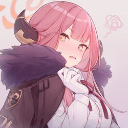  aru_(blue_archive) blue_archive blush breasts coat eta female fur_collar gloves grey_background halo horns long_hair long_sleeves looking_at_viewer medium_breasts neck_ribbon open_mouth pink_hair red_coat red_ribbon ribbon shirt simple_background solo squiggle sweat upper_body white_gloves white_shirt yellow_eyes 