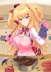  absurdres akai_haato akai_haato_(gothic_lolita) ankimo_(tokino_sora) apron bibi_(tokoyami_towa) blonde_hair blue_eyes blush bound bow bowtie boyal breasts bug candy chocolate commentary cupboard desk english_commentary female food gloves hair_ornament hairbow hairclip heart heart-shaped_chocolate heart_hair_ornament highres holding hololive hololive_english ladle long_hair medium_breasts official_alternate_costume official_alternate_hairstyle onion pink_apron pink_gloves solo spider takodachi_(ninomae_ina&#039;nis) tarantula tentacle twitter_username two_side_up valentine very_long_hair virtual_youtuber 