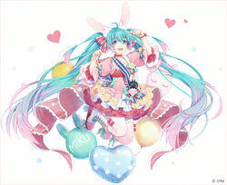  :d ahoge animal_ear_fluff animal_ears aqua_hair arm_up balloon blue_eyes boots bow character_name commentary copyright_notice cross-laced_footwear dress female flower full_body gradient_hair hairbow hakusai_(tiahszld) hand_up hatsune_miku heart heart_balloon lace-up_boots long_hair looking_at_viewer midair multicolored_hair official_alternate_costume official_art open_mouth paw_pose pink_dress pink_hair puffy_short_sleeves puffy_sleeves rabbit_ears red_bow revision roller_skates rose round_teeth sash short_sleeves shoulder_sash skates smile solo striped striped_bow teeth thighhighs thighhighs_under_boots twintails upper_teeth_only very_long_hair vocaloid white_background white_footwear white_thighhighs yellow_flower yellow_rose 