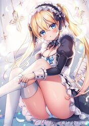  :o black_dress blonde_hair blue_bow blue_eyes blue_panties blush bow breasts cameltoe cleavage commentary_request dress feathered_wings feathers feet_out_of_frame female frilled_dress frills hair_between_eyes juliet_sleeves long_hair long_sleeves looking_at_viewer low_wings medium_breasts mitsuba_choco original panties parted_lips puffy_sleeves pulling_own_clothes sitting solo thighhighs thighhighs_pull twintails underwear white_feathers white_thighhighs white_wings wings 