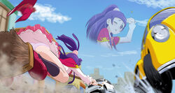  ;p ass blue_sky blunt_bangs broom broom_riding car cloud day dojikko_pose female fuchi_(nightmare) high_ponytail izayoi_liko kneehighs long_hair looking_at_viewer magic_school_uniform mahou_girls_precure! motor_vehicle one_eye_closed panties pantyshot pink_panties precure purple_eyes purple_hair school_uniform sky socks solo tehepero tongue tongue_out underwear yellow_car zoom_layer 