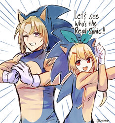  1boy absurdres animal_ears blonde_hair commentary cosplay cracking_knuckles emphasis_lines english_commentary female gloves green_ribbons hair_ornament hakamii highres looking_at_viewer luca_kaneshiro nijisanji nijisanji_en one_eye_closed open_mouth outline pomu_rainpuff purple_eyes red_eyes ribbon short_hair simple_background smile sonic_(series) sonic_the_hedgehog sonic_the_hedgehog_(cosplay) stretching twitter_username upper_body virtual_youtuber white_background white_gloves 