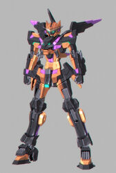  alternate_color bad_id bad_twitter_id blue_eyes clenched_hands code_beast glowing glowing_eye grey_background highres hundred_edge kuramochi_kyouryuu mecha no_humans robot science_fiction solo standing v-fin 