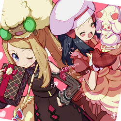  2girls alcremie alcremie_(strawberry_sweet) blush_stickers box brown_dress chef_hat closed_eyes closed_mouth commentary_request copyright_name dawn_(palentine&#039;s_2021)_(pokemon) dawn_(pokemon) dress eyelashes eyewear_hang gift gift_box grey_eyes hand_on_own_hip hat heart holding kingin light_brown_hair long_sleeves mittens multiple_girls official_alternate_costume on_head one_eye_closed open_mouth oven_mitts pokemon pokemon_(creature) pokemon_masters_ex pokemon_on_head red_dress red_mittens red_ribbon ribbon serena_(palentine&#039;s_2021)_(pokemon) serena_(pokemon) smile sunglasses tongue unworn_eyewear whimsicott white-framed_eyewear 