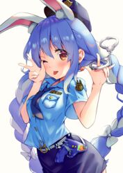  :p animal_ear_fluff animal_ears blue_hair blue_hat blue_necktie blue_shirt blue_skirt blush braid breast_pocket breasts collared_shirt cowboy_shot cuffs female gun halloween handcuffs handgun hat highres hikimayu hololive long_hair medium_breasts miniskirt multicolored_hair necktie one_eye_closed pencil_skirt pocket police police_hat police_uniform policewoman rabbit_ears rabbit_girl shirt short_sleeves skirt smile solo tarunyan thick_eyebrows tongue tongue_out twin_braids twintails two-tone_hair uniform usada_pekora v virtual_youtuber weapon white_hair 