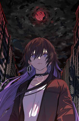  black_hair building choker colored_inner_hair earrings female hair_between_eyes highres isshiki_(ffmania7) jacket jewelry kamitsubaki_studio koko_(kamitsubaki_studio) long_hair moon multicolored_hair open_clothes open_jacket purple_eyes purple_hair red_moon shadow shirt solo two-tone_hair upper_body virtual_youtuber white_shirt 