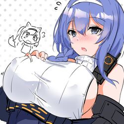  blue_eyes blue_hair blush braid breasts chibi chibi_inset covered_nipples dp-12_(girls&#039;_frontline) fatkewell female girls&#039;_frontline hair_between_eyes hair_over_shoulder hairband highres ksvk_(girls&#039;_frontline) large_breasts long_hair looking_at_viewer mother_and_daughter sideboob smile solo taut_clothes turtleneck upper_body white_background white_hair white_hairband 