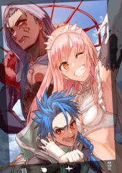  2boys :o angry annoyed arm_around_shoulder armpits black_gloves blue_hair blush braid breasts chest_tattoo cleavage cloud commentary copyright_name cu_chulainn_(fate) cu_chulainn_alter_(fate) earrings elbow_gloves facial_tattoo fate/grand_order fate_(series) female gloves grin hair_strand hand_on_own_hip highres hood inugami86 jewelry long_hair looking_at_viewer medb_(fate) messy_hair midriff multiple_boys one_eye_closed pink_hair red_eyes scowl selfie setanta_(fate) sharp_teeth sky smile taking_picture tattoo teeth tiara upper_body white_gloves yellow_eyes 