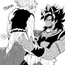  2boys ass_grab bara bare_arms blush broly_(dragon_ball_super) dark-skinned_male dark_skin dragon_ball dragon_ball_super dragon_ball_super_broly giant giant_male greyscale large_pectorals male_focus medium_hair monochrome multiple_boys muscular muscular_male pectoral_cleavage pectorals saiyan_armor scar scar_on_chest sexually_suggestive size_difference smirk son_goku spiked_hair super_saiyan super_saiyan_1 tarutobi yaoi 