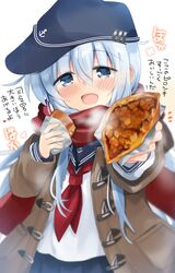  anchor_symbol blue_eyes blue_hat blue_sailor_collar blue_skirt blush brown_jacket female flat_cap food grey_hair hair_between_eyes hat hibiki_(kancolle) highres hizuki_yayoi holding holding_food jacket kantai_collection long_hair long_sleeves neckerchief open_mouth pirozhki red_neckerchief red_scarf sailor_collar scarf school_uniform serafuku simple_background skirt solo steam translated 