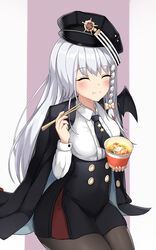  banned_artist black_legwear blue_archive blush braid chopsticks closed_eyes cup_noodle female grey_hair haruna_(blue_archive) hat highres jacket long_hair military military_uniform necktie pantyhose ribbon side_braid simple_background solo uniform yukiha_kanade 