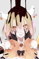  +_+ bad_id bad_twitter_id bare_shoulders black_gloves blonde_hair blush character_request chocolate chunithm commentary_request detached_sleeves earmuffs female gloves grey_background hair_between_eyes hands_on_own_cheeks hands_on_own_face hands_up head_tilt highres horns jack-o&#039;-lantern_print kisaragi_yaya long_sleeves looking_at_viewer oerba_yun_fang orange_eyes parted_lips patchwork_skin pouring saliva saliva_trail short_hair simple_background skin_fang sky_feather_(chunithm) solo stitches upper_body 