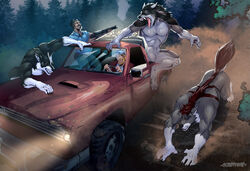  2020 aiming aiming_at_another anthro blue_eyes canid canine canis chasing claw_marks clothed clothing digital_media_(artwork) driving dust_cloud forest fully_clothed group gun headlights holding_gun holding_object holding_ranged_weapon holding_shotgun holding_weapon human inside_vehicle light_truck luwynwusky male mammal muscular muscular_male mythological_canine mythological_creature mythology naturally_censored nude on_vehicle open_mouth pickup_truck plant rakan ranged_weapon scar scrappyvamp tamaska tree truck_(vehicle) vehicle weapon were werecanid werecanine werewolf wolf 