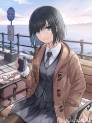  artist_name bench bird black_hair black_necktie black_skirt blue_eyes bus_stop buttons can canned_coffee coat collared_shirt day drink_can duffel_coat eyes_visible_through_hair female fence hand_in_pocket hand_up head_tilt highres holding holding_can horizon junshiki lapel_pin long_sleeves luggage necktie ocean on_bench open_clothes open_coat original outdoors pantyhose pleated_skirt school_uniform shirt short_hair sign signature sitting skirt smile solo striped_necktie suitcase uniform waistcoat 