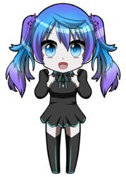  absurdres alternate_costume alternate_hair_length alternate_hairstyle bare_shoulders black_dress black_gloves black_hair black_ribbon blue_eyes blue_hair chibi commentary dress elbow_gloves female full_body ghost_rule_(vocaloid) gloves gradient_hair hatsune_miku highres koro_koro0606 looking_at_viewer multicolored_hair neck_ribbon open_mouth pale_skin pleated_dress purple_hair ribbon simple_background sleeveless sleeveless_dress smile solo thighhighs twintails vocaloid white_background 