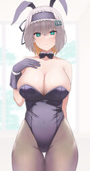  android animal_ears arm_up bow bowtie breasts cleavage collar female gloves green_eyes hair_ornament hairband hairpin highres krs_(karasu) large_breasts leotard looking_at_viewer maid original pantyhose playboy_bunny purple_gloves purple_leotard rabbit_ears short_hair simple_background solo thigh_gap thighs white_background white_hair 