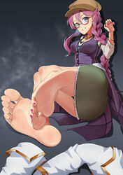  absurdres bare_legs barefoot blue_eyes braid breasts eiyuu_densetsu emma_millstein feet female foot_focus glasses green_skirt hat highres jewelry large_breasts nail_polish necklace pink_hair sen_no_kiseki shoes skirt smell soles solo toenail_polish toenails toes tsa unworn_shoes 