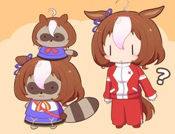  2others ? ahoge animal_ears bow bowtie brown_background brown_hair chibi commentary_request cosplay ear_ribbon female gomashio_(goma_feet) hair_between_eyes hairband horse_ears horse_girl horse_tail meisho_doto_(umamusume) meisho_doto_(umamusume)_(cosplay) multicolored_hair multiple_others partial_commentary tail tanuki two-tone_hair umamusume white_hair |_| 