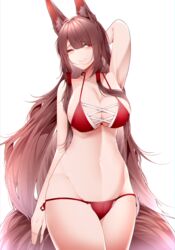  absurdres akagi_(azur_lane) akagi_(paradise_amaryllis)_(azur_lane) animal_ears arm_at_side arm_up armpits azur_lane bikini breasts brown_hair cleavage cowboy_shot female fox_ears grin groin hair_tubes highres large_breasts linea_alba long_hair looking_at_viewer narrow_waist navel one_eye_closed red_bikini red_eyes samip side-tie_bikini_bottom simple_background smile solo standing swimsuit tail thighs very_long_hair white_background 