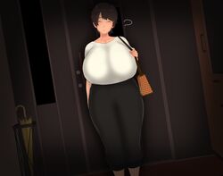  1girls 3d :o ? absurd_res absurdres bag big_breasts breasts brown_hair cheating cheating_wife closed_eyes cuckold cuckold_pov dialogue full_body hi_res high_resolution highres indoors married_woman mature mature_female milf netorare ntr open_mouth original shoulder_bag smile vyrus_smith yaeko_tanaka_(vyrus_smith) 