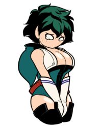  1girls big_breasts boku_no_hero_academia breasts cleavage clothing female_deku freckles green_hair izuku_midoriya leggings midoriya_izuku my_hero_academia revealing_clothes rule_63 short_hair simple_shading thick_thighs thighs 