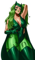  1girls arm_behind_head cape female female_only gloves green_clothing green_eyes green_hair green_lipstick green_pantyhose legwear leotard long_hair looking_at_viewer lorna_dane marvel marvel_comics pantyhose polaris_(x-men) smiling smiling_at_viewer solo sotcho thick_thighs very_high_resolution white_background x-men 