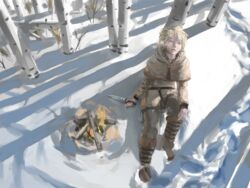  1boy blonde_hair bonfire bunolagus commentary english_commentary full_body fur_trim highres knife lying male_focus short_hair snow thorfinn tree tunic viking vinland_saga winter 