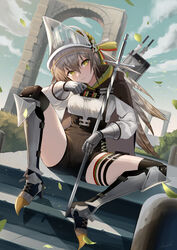  absurdres arknights beruko14 black_cape cape fartooth_(arknights) feather_hair female gauntlets grey_hair high-waist_shorts highres outdoors pouch quiver shorts sitting thigh_pouch thighs visor_(armor) yellow_eyes 