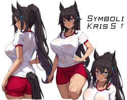  :o animal_ears ass black_hair blue_eyes breasts character_name collarbone commentary covered_navel cropped_legs dark-skinned_female dark_skin ear_ornament earrings english_commentary female fingernails from_behind gym_uniform hair_between_eyes hair_ornament hand_on_own_hip horse_ears horse_girl horse_tail jewelry large_breasts long_hair looking_at_viewer multiple_views parted_lips ponytail red_shorts sheita shirt shorts single_earring sweat sweaty_clothes symboli_kris_s_(umamusume) tail tail_through_clothes taut_clothes taut_shirt thighs toned tracen_training_uniform umamusume white_background white_shirt 