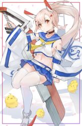  absurdres ayanami_(azur_lane) ayanami_(retrofit)_(azur_lane) azur_lane bad_id bad_pixiv_id belt blue_belt blue_sailor_collar blue_skirt blush breasts brown_eyes catumi_(ta938_ka23) closed_mouth crop_top detached_sleeves female grey_footwear hair_between_eyes headgear highres holding holding_sword holding_weapon light_brown_hair long_hair long_sleeves looking_at_viewer manjuu_(azur_lane) md5_mismatch medium_breasts navel pleated_skirt ponytail sailor_collar sideboob skirt sword thighhighs weapon white_belt white_thighhighs wide_sleeves zettai_ryouiki 