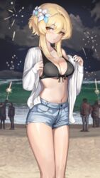  absurdres alternate_breast_size alternate_costume bare_shoulders beach bikini black_bikini blonde_hair blue_shorts blush breasts cleavage cloud cloudy_sky commentary contemporary denim denim_shorts dolri female flower genshin_impact hair_flower hair_ornament highres jacket large_breasts long_sleeves looking_at_viewer lumine_(genshin_impact) medium_hair navel night night_sky off_shoulder open_clothes open_jacket outdoors shore short_shorts shorts sidelocks sky solo_focus standing swimsuit thighs white_jacket yellow_eyes 