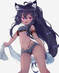  :d animal_ear_fluff animal_ears black_collar black_hair black_panties borrowed_character breasts brown_kemomimi-chan_(krr) collar commentary commission covered_nipples dark-skinned_female dark_skin dungeon_and_fighter female highleg highleg_panties highres long_hair looking_at_viewer navel open_mouth original panties pink_eyes ponytail short_shorts shorts simple_background sleeveless small_breasts smile solo standing stomach teranekosu towel underwear wet white_background 