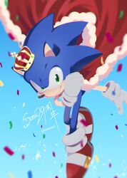  2020 anthro birthday blue_background blue_body blue_fur cape clothing confetti crown eulipotyphlan footwear fur gloves green_eyes handwear headgear headwear hedgehog hi_res kohane01 male mammal sega shoes simple_background smile solo sonic_the_hedgehog sonic_the_hedgehog_(series) 