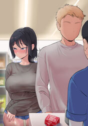  black_hair blue_eyes blush breasts brown_hair buying_condoms cash_register cashier condom condom_box convenience_store embarrassed employee_uniform faceless faceless_male female highres large_breasts long_sleeves looking_away netorare okamoto_condoms original poni_p ponytail shop store_clerk straight uniform 