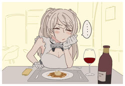  ... anotsugini_kuruji bottle bread_knife breasts butter cleavage cleavage_cutout clothing_cutout commentary_request conte_di_cavour_(kancolle) conte_di_cavour_nuovo_(kancolle) cup dress drinking_glass female food fork gloves grey_hair hand_on_own_face kantai_collection large_breasts long_hair plate solo spoken_ellipsis two_side_up upper_body waffle white_dress white_gloves wine_bottle wine_glass 