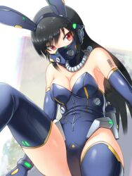  animal_ears barcode barcode_tattoo black_hair blue_gloves blue_leotard blue_thighhighs breasts commentary_request elbow_gloves fake_animal_ears female funakingyo gloves highres leotard medium_breasts nontraditional_playboy_bunny original oxygen_mask oxygen_tank playboy_bunny rabbit_ears red_eyes respirator sitting solo strapless strapless_leotard tattoo thighhighs 