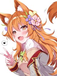  absurdres animal_ear_fluff animal_ears blush female flower fox_ears fox_tail hair_flower hair_ornament heart highres korin_(shironeko_project) long_hair oerba_yun_fang orange_hair school_uniform shironeko_project simple_background skin_fang spoken_heart tail tatejima_uri upper_body v white_background 