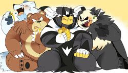  2020 anthro beartic black_body black_fur blush brown_body brown_fur bulge closed_eyes cute_fangs eating food fur generation_2_pokemon generation_5_pokemon generation_6_pokemon generation_8_pokemon group honey_(food) humanoid_hands hyaku_(artist) kemono leaf legendary_pokemon male nintendo overweight overweight_male pangoro pokemon pokemon_(species) rapid_strike_style_urshifu sitting tongue tongue_out ursaring urshifu white_body white_fur 