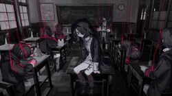  0211_(hen10) 6+others androgynous arm_support bad_id bad_pixiv_id black_hair black_nails black_theme chair chalkboard classroom clock clone corset_piercing cup curry dark desk drawing_(object) drinking_glass empty_eyes flower food grey_eyes hair_over_one_eye hair_ribbon hen10 highres holding holding_tray hood hood_down hood_up hoodie house_of_cards indoors leg_warmers long_sleeves looking_down memorial_on_desk miniskirt mole mole_under_mouth multiple_others on_desk original picture_frame pill pill_bottle pleated_skirt red_flower red_theme ribbon rubik&#039;s_cube school_chair school_desk shoes short_hair sitting skirt sneakers spot_color string string_around_neck stuffed_animal stuffed_rabbit stuffed_toy sweater tray vase window wooden_floor 