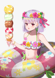  absurdres bare_shoulders bikini blush breasts collarbone commentary fate/grand_order fate_(series) female flower_wreath food green_bikini hair_ribbon head_wreath highres ice_cream ice_cream_cone innertube kama_(fate) kama_(swimsuit_avenger)_(fate) kama_(swimsuit_avenger)_(first_ascension)_(fate) looking_at_viewer miniskirt motukan navel open_mouth red_eyes ribbon short_hair skirt small_breasts solo swim_ring swimsuit white_hair 