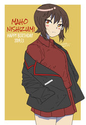  absurdres artist_name black_jacket blush_stickers brown_background brown_eyes brown_hair character_name closed_mouth commentary cowboy_shot dated dress_shirt english_text female frown girls_und_panzer hands_in_pockets happy_birthday highres jacket kuromorimine_military_uniform long_sleeves looking_at_viewer military military_uniform miniskirt nishizumi_maho off_shoulder open_clothes open_jacket outside_border pleated_skirt red_shirt red_skirt shirt short_hair simple_background skirt solo standing undressing uniform wing_collar zono_(inokura_syuzo029) 