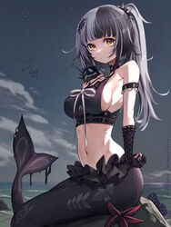  absurdres adapted_costume black_gloves black_hair black_sky breasts cloud commentary female fins gloves grey_hair hairband highres hololive hololive_english large_breasts md5_mismatch mermaid monster_girl monsterification multicolored_hair navel partially_fingerless_gloves ponytail qiaogun_damodao revision shiori_novella shiori_novella_(1st_costume) sidelocks sky spiked_hairband spikes split-color_hair virtual_youtuber water yellow_eyes yorick_(shiori_novella) 