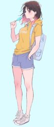  absurdres akane-banashi backpack bag black_hair blue_background earrings female food full_body gradient_hair hamu_(pixiv78597408) hand_in_pocket highres holding holding_food holding_popsicle hood hood_down hoodie jewelry long_hair looking_at_viewer multicolored_hair osaki_akane_(akane-banashi) pink_hair popsicle red_eyes shoes short_shorts shorts sneakers solo standing white_footwear yellow_hoodie 