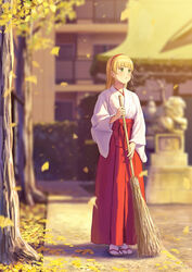  autumn autumn_leaves bad_id bad_pixiv_id bamboo_broom blonde_hair blunt_bangs broom building female full_body geta green_eyes hairband hakama heanna_sumire highres japanese_clothes leaf light_blush long_sleeves looking_away love_live! love_live!_superstar!! miko outdoors papi_(papiron100) parted_lips red_hakama solo sunset toeless_footwear torii tree white_legwear wide_sleeves 