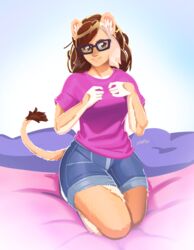  2020 anthro bed bedding blue_bottomwear blue_clothing blue_shorts bottomwear breasts brown_eyes brown_hair brown_pupils brown_tail_tip clothed clothing colored_nails dandee_(character) digital_media_(artwork) digital_painting_(artwork) dipstick_tail eyewear felid female fingernails fingers front_view full-length_portrait fully_clothed fur furniture glasses grey_hair grin hair hand_on_breast hi_res inner_ear_fluff iris kneeling legs_together lion lips looking_at_viewer luxar92 mammal markings medium_breasts multicolored_hair multicolored_tail nails on_bed orange_fingernails orange_nails pantherine pink_bed pink_clothing pink_lips pink_nose pink_shirt pink_topwear portrait pupils shirt shorts signature simple_background smile solo tail tail_markings tan_body tan_ears tan_fur tan_tail teeth topwear tuft two_tone_hair whiskers white_background white_inner_ear 