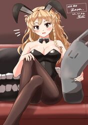  absurdres animal_ears black_leotard blonde_hair bow bowtie braid breasts brown_eyes character_name collarbone couch crossed_legs cushion dated detached_collar fake_animal_ears fake_tail female french_braid hair_between_eyes highres indoors kantai_collection leotard long_hair medium_breasts open_mouth pantyhose pillow playboy_bunny rabbit_ears rabbit_tail signature sitting smile solo strapless strapless_leotard tail watashitachino_kareshi wavy_hair wrist_cuffs zara_(kancolle) 