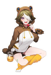  :d absurdres animal_costume animal_ears arknights bear_ears beehunter_(arknights) beehunter_(honey_pilferer)_(arknights) breasts brown_hair brown_hoodie commentary fei_mao female food fruit full_body hair_over_one_eye hand_up highres holding holding_food honey hood hoodie long_sleeves looking_at_viewer multicolored_clothes multicolored_hair multicolored_hoodie oerba_yun_fang official_alternate_costume open_mouth photoshop_(medium) purple_eyes short_hair shorts simple_background sitting smile solo strawberry streaked_hair symbol-only_commentary teeth two-tone_hair white_background white_hair white_hoodie yellow_legwear 