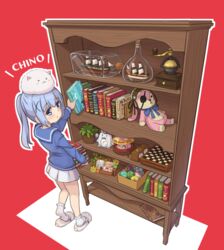  angora_rabbit animal_on_head blue_eyes blue_hair blue_ribbon book bookshelf bottle chessboard clock coffee_grinder doorknob eyepatch female gochuumon_wa_usagi_desu_ka? hair_ornament highres hoto_cocoa in_bottle in_container kafuu_chino mohei on_head open_mouth plant portrait rabbit rabbit_on_head ribbon school_uniform serafuku ship ship_in_a_bottle skirt slippers socks stuffed_animal stuffed_rabbit stuffed_toy tippy_(gochiusa) watercraft x_hair_ornament 