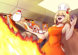  2girls absurdres akai_haato apron bird blonde_hair breasts chef_hat chicken chicken_(food) commentary_request employee_uniform fast_food_uniform fire food fried_chicken frying_pan green_eyes hair_ornament hat heart heart_hair_ornament highres holding holding_frying_pan hololive hololive_english holykoshi kfp_employee_(takanashi_kiara) large_breasts mori_calliope multiple_girls naked_apron ok_sign orange_apron pink_hair sideboob smol_kiara takanashi_kiara tears tray uniform virtual_youtuber 